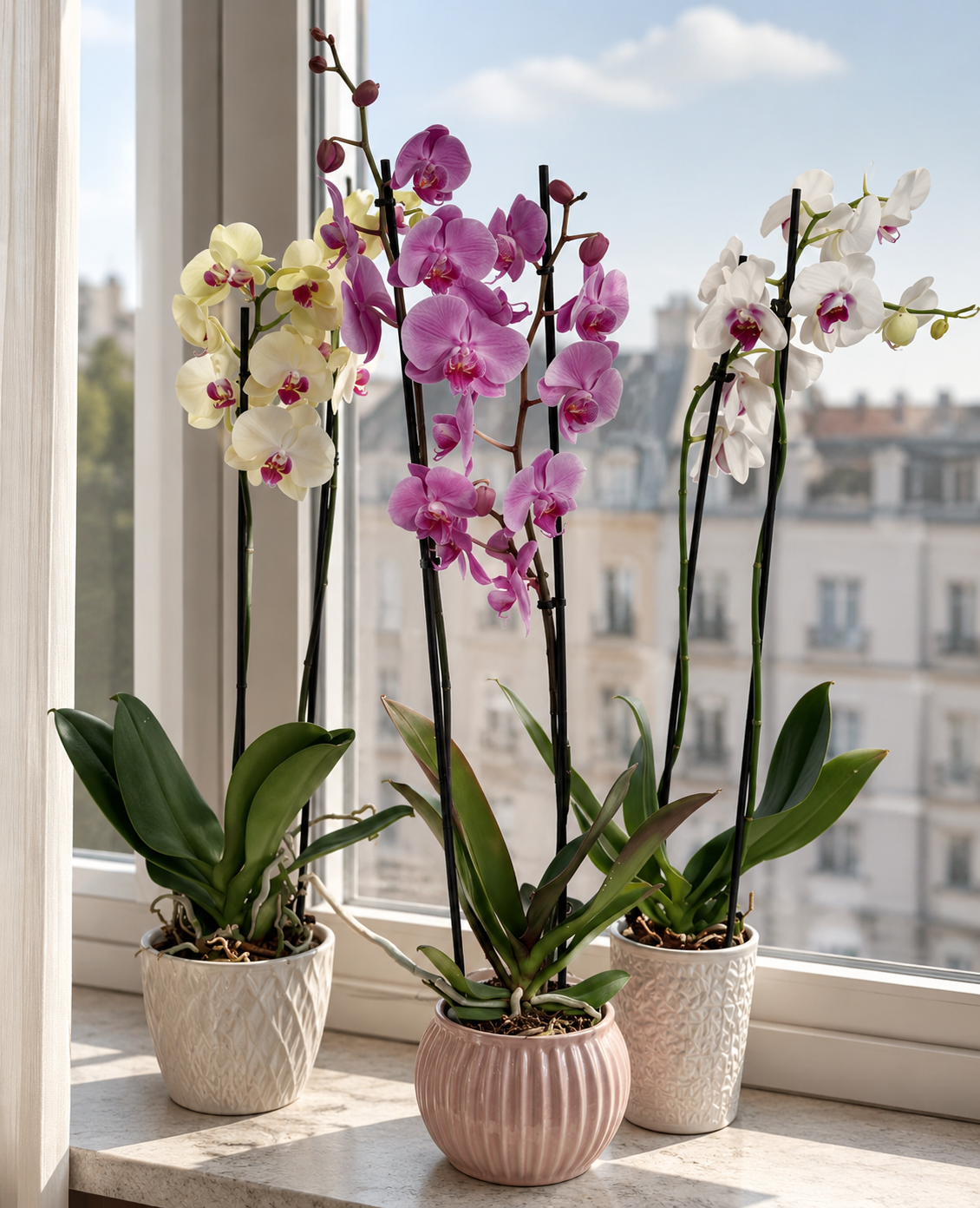 Orchidées en pot sur un rebord de fenêtre