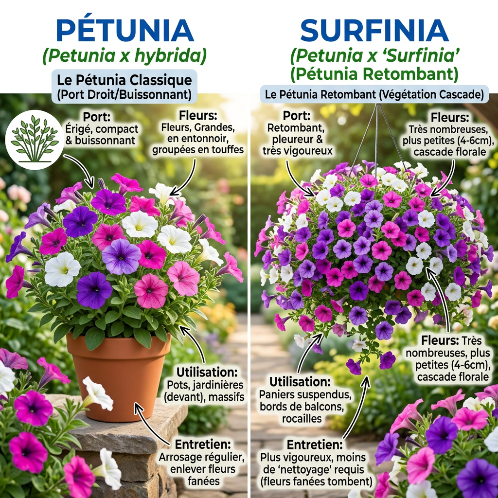 Pétunias et surfinias en pots colorés